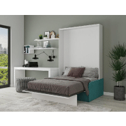Armoire lit escamotable Bermudes Sofa - Blanc bandeau canapé bleu - 160x200 cm avec canapé intégré_2