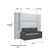 Composition lit escamotable 140 cm blanc mat DJUKE SOFA - canapé gris avec 2 colonnes et armoire_2