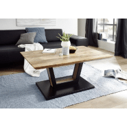 Table basse design Beford en chêne acacia - plateau laqué naturel - piétement métal noir mat avec roulettes_2