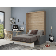 Armoire lit escamotable Bermudes Sofa - Chêne bandeau blanc, canapé gris 160x200 cm avec coffre et finition européenne_2