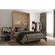 Lit escamotable style industriel KEY SOFA - chêne, bandeau noir, canapé marron, couchage 140x200 cm avec rangement_2