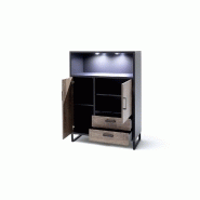 Buffet haut HALTON - 2 tiroirs, 2 portes et 1 niche décorative avec éclairage LED - Décor chêne gris cosmos, style industriel_2