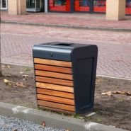 Poubelle FalcoLinea - Poubelle publique avec serrure clé triangle - Design bois et acier noir_2