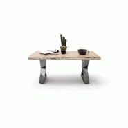 Table basse Claren - Plateau 110 cm en acacia massif naturel laqué, piétement en X acier finition vintage_2