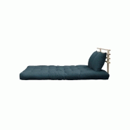Canapé lit futon SHIN SANO - bleu pétrole et pin massif - couchage 140x200 cm avec matelas épais et coussins inclus_2