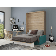 Armoire lit escamotable Bermudes Sofa - Chêne bandeau blanc - Canapé bleu - 160x200 cm avec coffre intégré_2