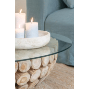 Table basse LAZA - Disques de teck naturel empilés avec plateau en verre trempé - Design indémodable_2