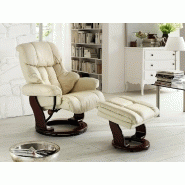 Fauteuil relax CLAIRAC - cuir crème - pied en bois noyer - avec repose-pied - inclinable à 135° et pivotant à 360°_2