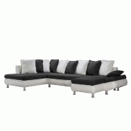 Canapé d'angle convertible panoramique Hamilton - tissu Savana noir et PU blanc avec méridienne gauche et chaise longue droite_2