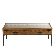Table basse industrielle FAKY - 2 tiroirs pour bouteilles - métal noir et bois naturel_2