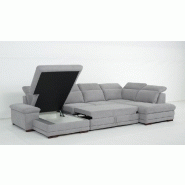 Canapé d'angle gauche convertible panoramique Marcus - tissu gris clair - méridienne avec coffre, têtières réglables et lit gigogne 265x126 cm_2