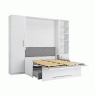 Composition lit escamotable blanc mat Sofa Automatica - canapé microfibre gris avec 2 colonnes et rangement intégré_2
