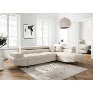 Canapé d'angle méridienne droite RINO convertible beige avec coffre de rangement et pieds laqués noirs_2