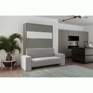 Armoire lit escamotable PALACE SOFA 140x200 cm - Gris Macadam et bandeau blanc avec canapé intégré_2