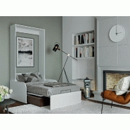 Armoire lit escamotable Dynamo Sofa - Canapé accoudoirs blanc, tissu marron - Couchage 90x200 cm_2