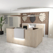 Banque d'accueil d'angle Delta Plus avec réhausse - Mobel Linea - 244, Blanc mat, Droite, Acacia clair, Oui_0
