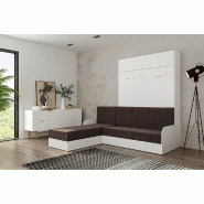 Lit escamotable Dynamo Sofa - canapé angle méridienne réversible avec accoudoirs - blanc et tissu marron - 140x200 cm_2