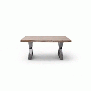 Table basse Claren - Plateau 110 cm en acacia massif teinte noyer - Piétement en X acier finition vintage_2