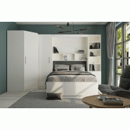 Composition armoire lit escamotable angle Lutecia blanc mat - 350 x 100 cm - Couchage 140 x 190 cm avec rangements intégrés_2