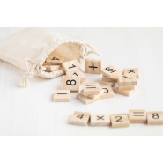 Jeu éducatif de calculs en bois - 32 tuiles avec chiffres et signes mathématiques - Pochette en coton_2