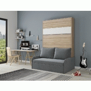Armoire lit escamotable Bermudes Sofa - chêne bandeau blanc - canapé gris 140x200 cm avec coffre_2