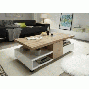 Table basse REAUX 120 x 60 cm - décor chêne et blanc laqué mat avec rangement, roulettes et niches_2