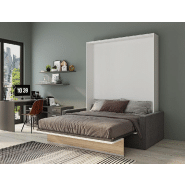 Armoire lit escamotable DJUKE SOFA - Blanc bandeau chêne - Canapé gris 160x200 cm avec coussins et coffre intégré_2