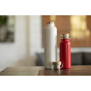 Thermos en inox à double paroi - 500 ml - Couvercle en bambou et accroche en métal - Couleur rouge_2