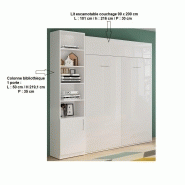 Composition armoire lit DYNAMO - Façade blanc brillant - Colonne bibliothèque blanc mat - Couchage 160x200 cm - Gain de place et design contemporain_2