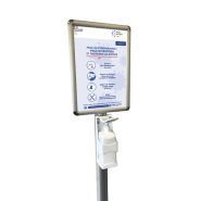 Poteau distributeur de gel 158 cm - Pompe manuelle 1L + cadre pancarte A3 portrait ou paysage - Gris clair - Réf : 214962_2