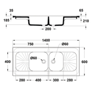Évier 2 cuves avec 2 égouttoirs - 1400 x 600 x 900 mm - Réf ECEXX-4 - BIOLAB - Meuble de laboratoire_2