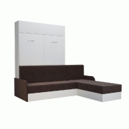 Lit escamotable DYNAMO SOFA - canapé angle méridienne réversible blanc avec accoudoirs tissu marron 140x200 cm_2
