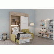 DUO SOFA - Armoire lit escamotable avec canapé moutarde - 2 lits indépendants 90x200 - Structure chêne, façade blanche_2