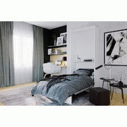 Lit escamotable LOFT blanc - Façade gris béton - Couchage 90 x 200 cm avec système à vérins_2