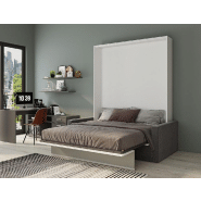 Armoire lit escamotable DJUKE SOFA - Blanc mat avec bandeau gris - Canapé gris intégré 160x200 cm_2