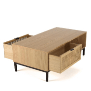 Table basse MARCI - 1 niche, 2 tiroirs avec cannage naturel et structure métal noir_2