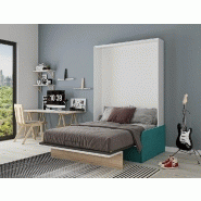 Armoire lit escamotable Bermudes Sofa - Blanc bandeau chêne - Canapé bleu azur 140x200 cm_2