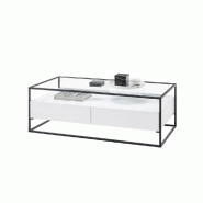 Table basse design Edmonton 120 cm - Blanc mat - Plateau verre trempé - Piètement acier époxy - 2 tiroirs_2
