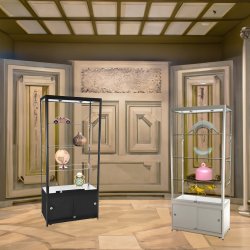 Vitrine d'exposition LED - H 200 x L 90 x P 45 cm - Verre trempé - Réserve incluse - Gris alu - Réf. 2228410