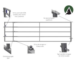 Bp45 - Barrière agricole galvanisée extensible de 4 à 5 mètres - porte de pâturage avec verrous anti-retour
