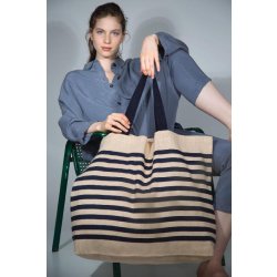 Grand sac fourre-tout en toile juco - avec soufflet et anses contrastées - Réf: KI0228 - Marque Kimood