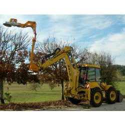 Taille-haie hydraulique sur tractopelle Kirogn - montage sur bras de pelle New Holland avec orientation hydraulique