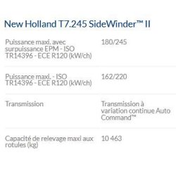 T7.245 Sidewinder II - Tracteur agricole New Holland - Puissance 180/245 kW/ch - Moteur NEF SCR ECOBlue™ Tier 4B
