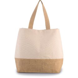 Sac shopping en toiles de coton et jute - Grand fourre-tout avec fond laminé - Poche intérieure zippée - Réf: KI0235