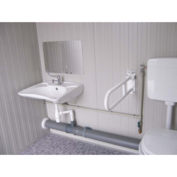 Bloc sanitaire PMR neuf - WC PMR, lavabo PMR, WC standard et lave-mains - Hauteur extérieure 239 cm, Hauteur intérieure 220 cm, Largeur 340 cm, Profondeur 242 cm