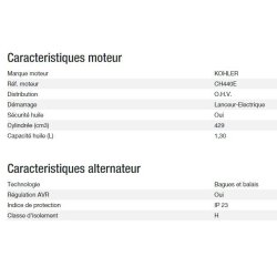 Technic 6500 E AVR - Groupe électrogène Kohler - Puissance max 6,30 kW - Fréquence 50 Hz - Tension nominale 230 V
