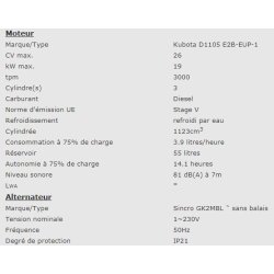 Ep163de - 951011601 - Groupe électrogène industriel Europower - 3000tpm, 50Hz, 4 temps, moteur diesel Kubota refroidi par eau