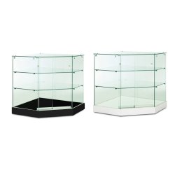 Vitrine d'exposition en verre trempé sécurisé - Modèle angle blanc - Réf : 222102 - Toit en verre, 3 niveaux, roulettes invisibles