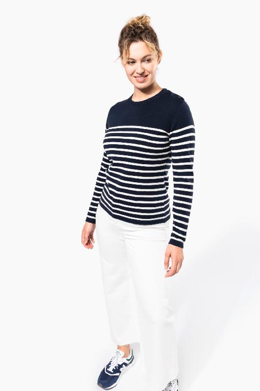 Pull marin femme Kariban - Réf: K990 - 100% coton, ouverture épaule gauche, Striped Navy / Off White_3