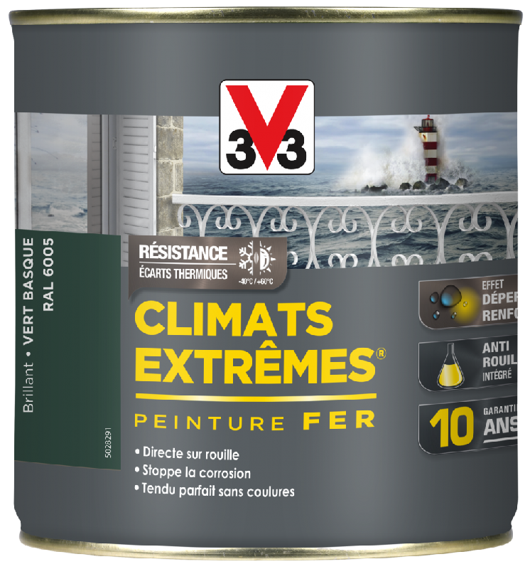Peinture antirouille fer extérieur Climats Extrêmes® V33 - Vert basque brillant 0.5L - Direct sur rouille, résistante aux climats extrêmes_3